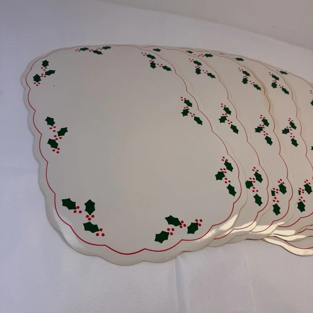 6 Vintage Placemat Set Holly Berry Christmas Holiday Oval Vinyl MCM Granny Core